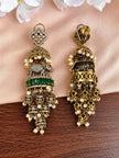 Side-by-side front and back view of one elephant jhumka earring on blush fabric, revealing gold filigree reverse and push-back stud fitting