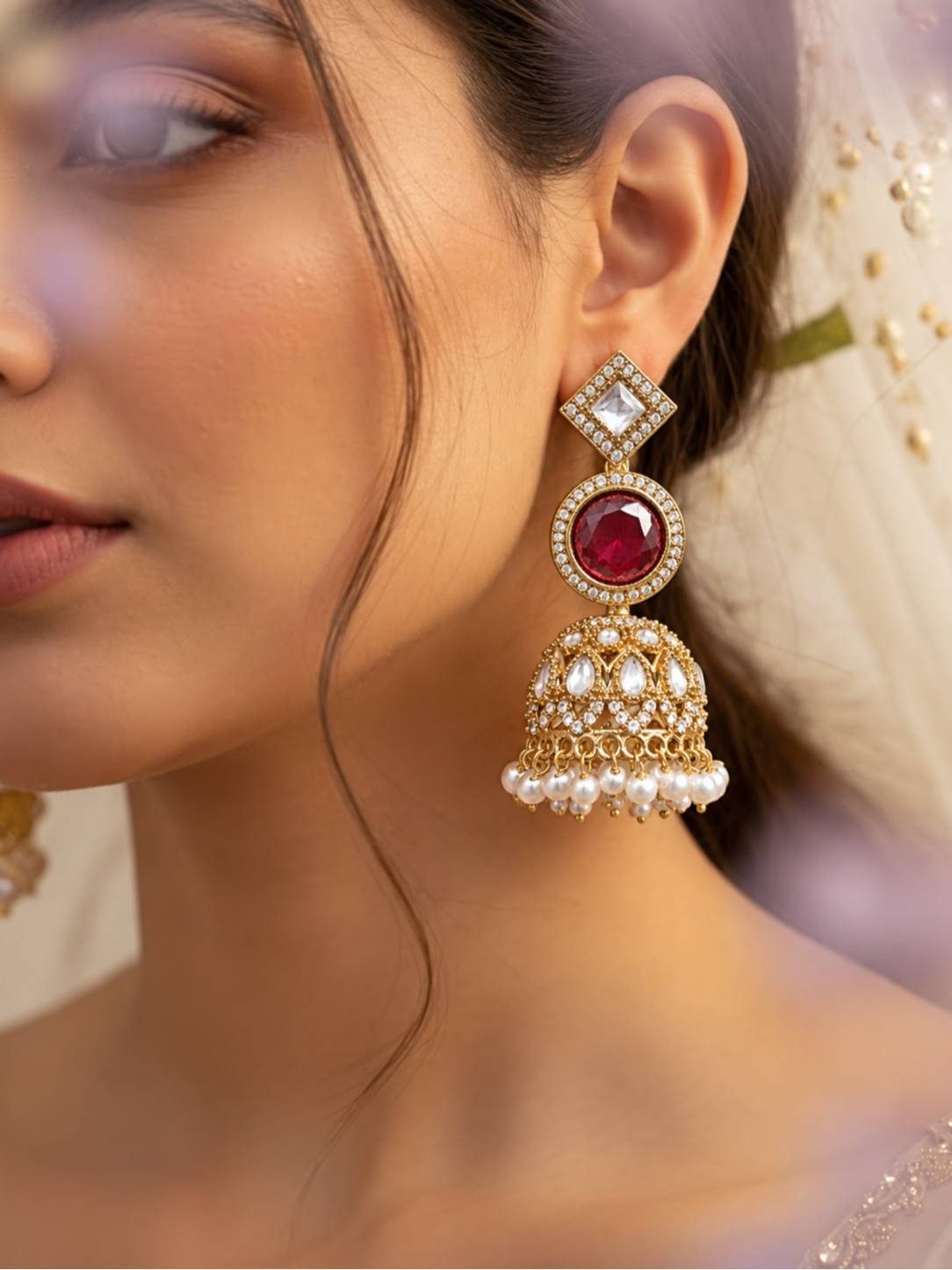 Woman wearing gold-plated kundan jhumka earring with ruby-red centre stone and pearl fringe drops