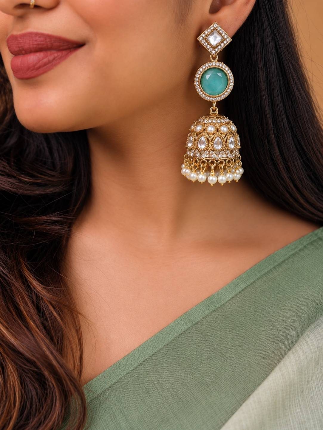 Woman wearing gold-plated kundan jhumka earring with turquoise stone and pearl drops, styled with a sage green saree