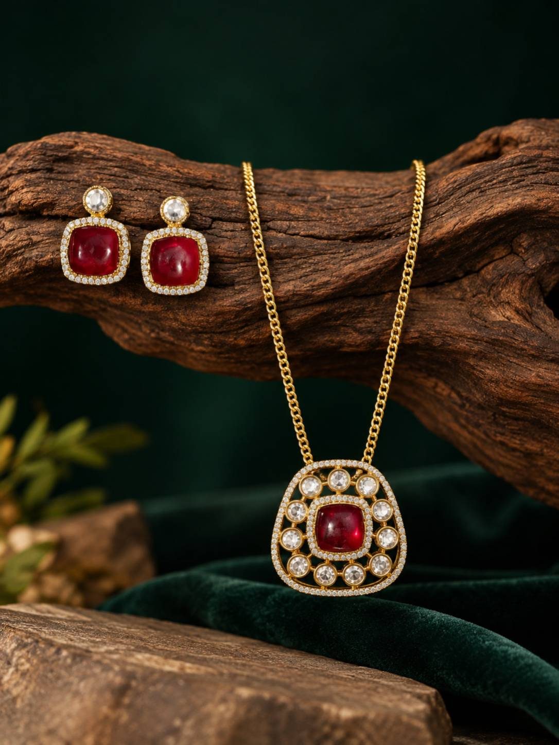 Gold-plated kundan pendant necklace set with red cabochon stone and matching drop earrings displayed on driftwood against dark green background