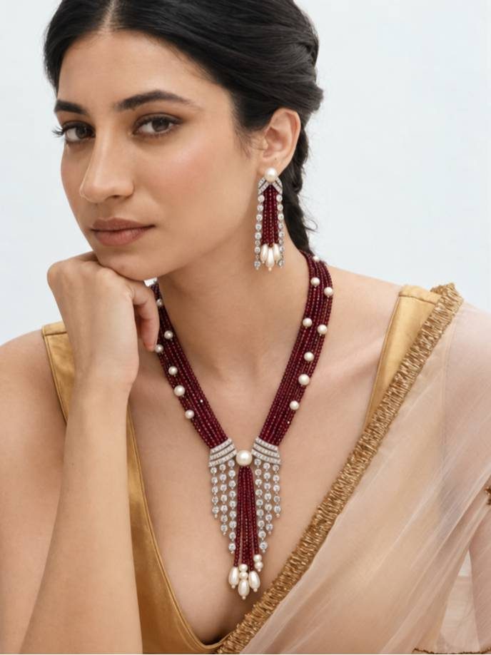 Indian woman wearing ruby red multi-strand pearl necklace set with matching drop earrings styled with a peach saree