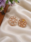 Front and back view of rose gold floral polki stud earrings on ivory silk fabric showing push-back fitting