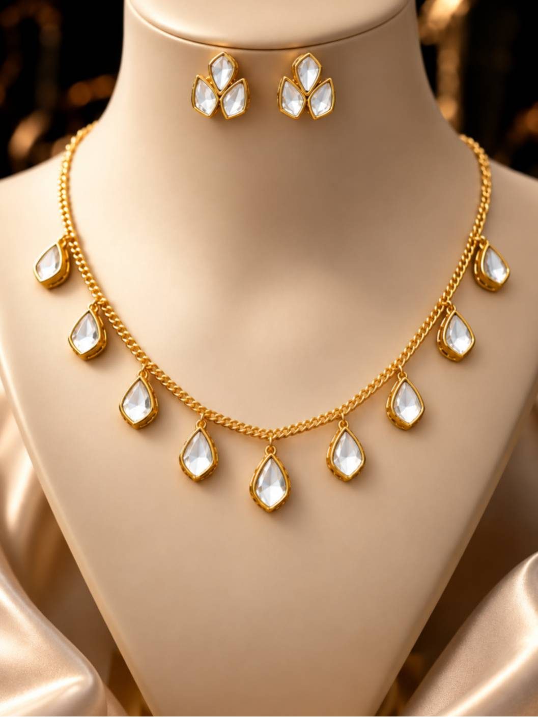 Gold-plated kundan drop necklace and earrings styled on a cream mannequin bust against a dark background