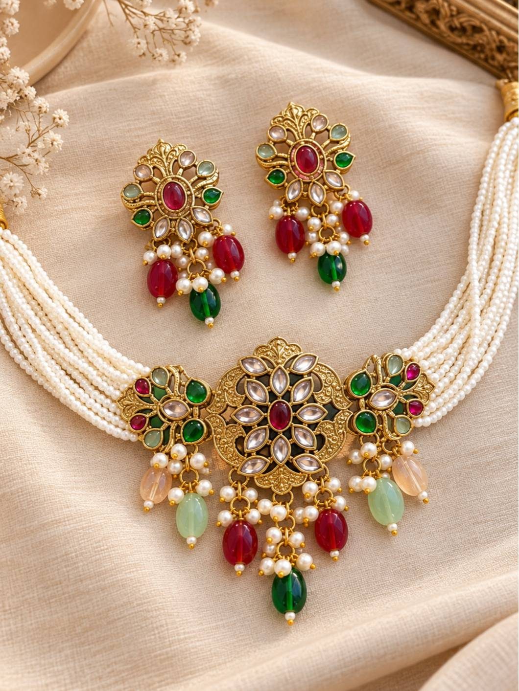 Flat lay of kundan pearl choker necklace and earring set on cream fabric with dried flowers