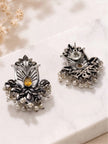 Front and back view of oxidised silver lotus earrings showing stud post and pearl drop detail