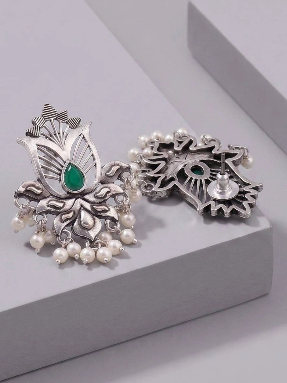 Front and reverse side of oxidised silver lotus earrings showing push-back stud post and pearl drop detail