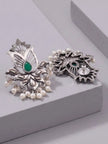 Front and reverse side of oxidised silver lotus earrings showing push-back stud post and pearl drop detail