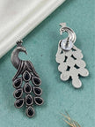 Front and back view of oxidised peacock earring showing stud post and butterfly back