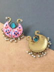 Front and back view of pink meenakari chandbali earring showing gold-tone reverse