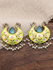 Pair of yellow hand-painted meenakari chandbali earrings with turquoise stone and white pearl drops