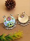 Front and back view of meenakari peacock earring showing gold-plated reverse side
