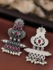 Front and back view of oxidised silver chandbali earrings showing stud pin and filigree reverse
