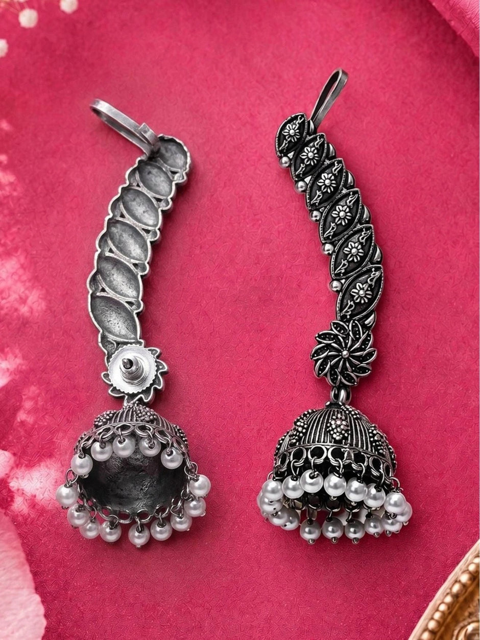 Front and back view of oxidised silver ear cuff jhumka showing hook and dome detail