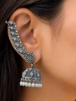 Oxidised silver ear cuff jhumka worn on model showing full ear placement and pearl drops