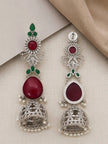 Front and back view of oxidised silver jhumka earrings showing stud back and stone detailing