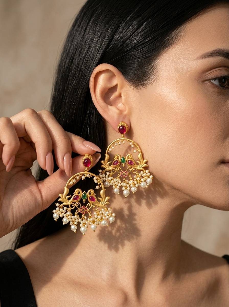 Woman wearing large gold-plated peacock chandbali earrings with pearl drops paired with a black top