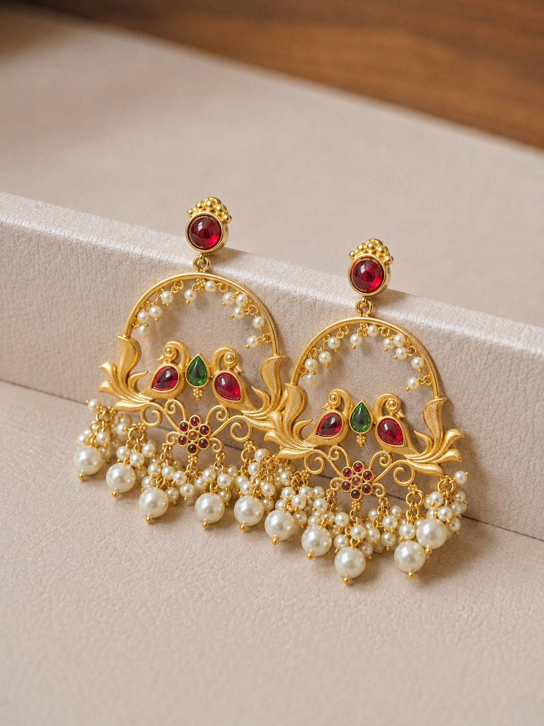 Close-up pair of gold-plated peacock chandbali earrings with red green stones and layered pearl drops on cream surface