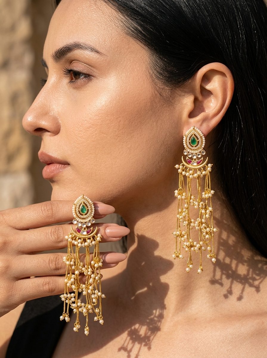 Model wearing and holding gold kundan chandbali earrings with flowing seed pearl tassels