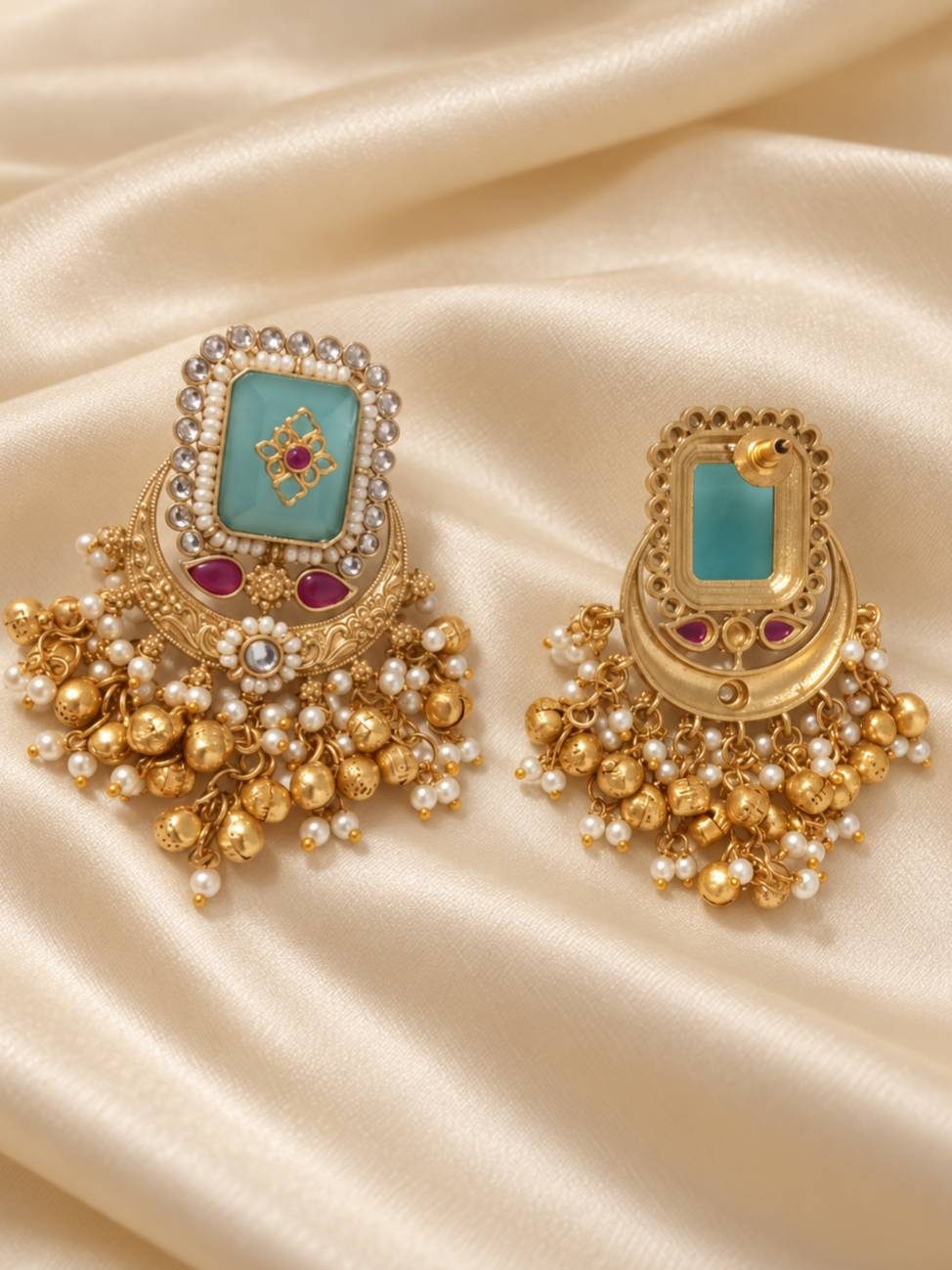 Front and reverse view of gold chandbali earring showing push-back stud fastening and aqua stone setting