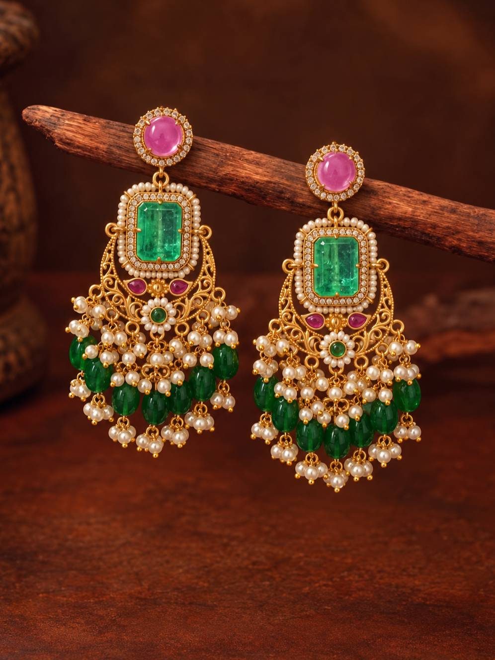 Pair of gold-plated chandbali earrings with emerald green centre stone, pink cabochon studs, and cascading pearl and green bead drops, displayed on a rustic wooden branch