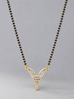 Front view of black bead mangalsutra with cubic zirconia pendant on grey background