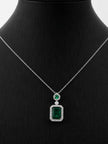Emerald green rectangular CZ pendant necklace displayed on a black jewellery bust, front view