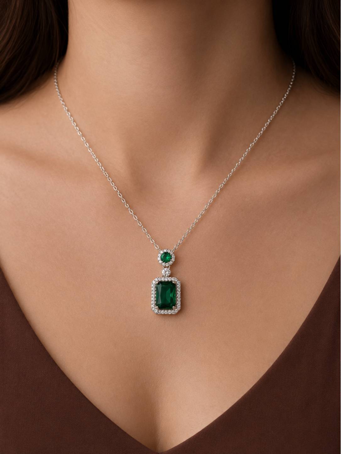 Silver-Finish Emerald Green CZ Pendant Necklace for Women