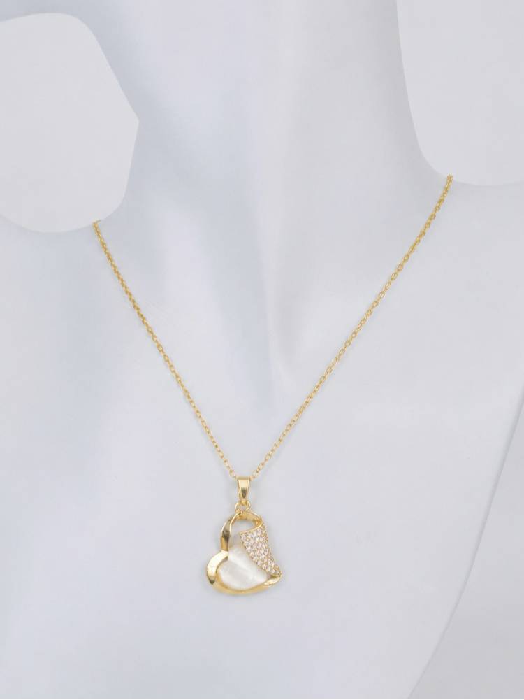 Gold-plated open heart pendant necklace with mother-of-pearl and cubic zirconia accent displayed on a mannequin bust