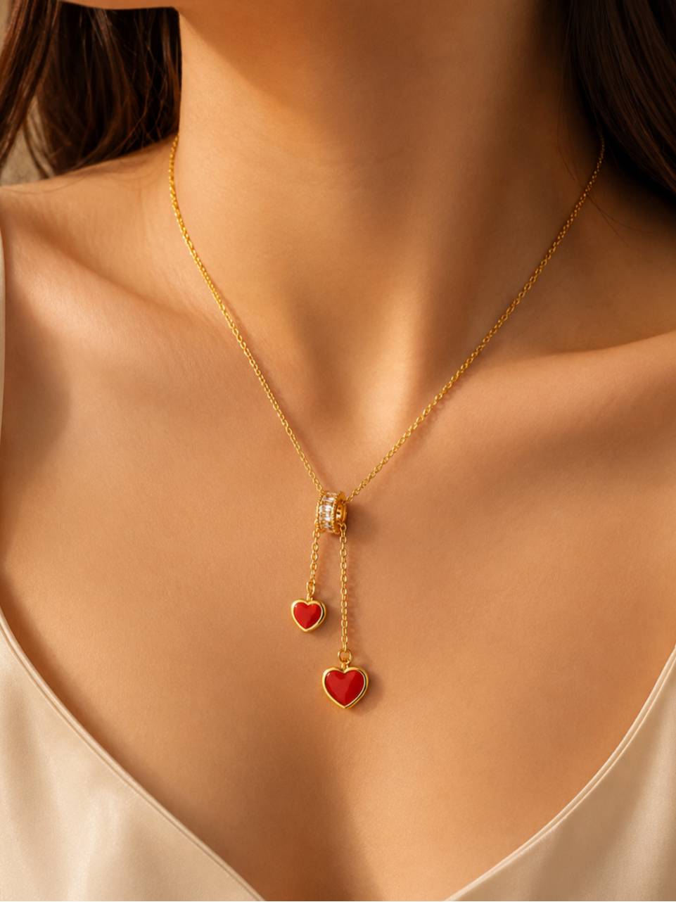Gold-plated dual red enamel heart lariat necklace worn on a woman's neckline over a cream satin top