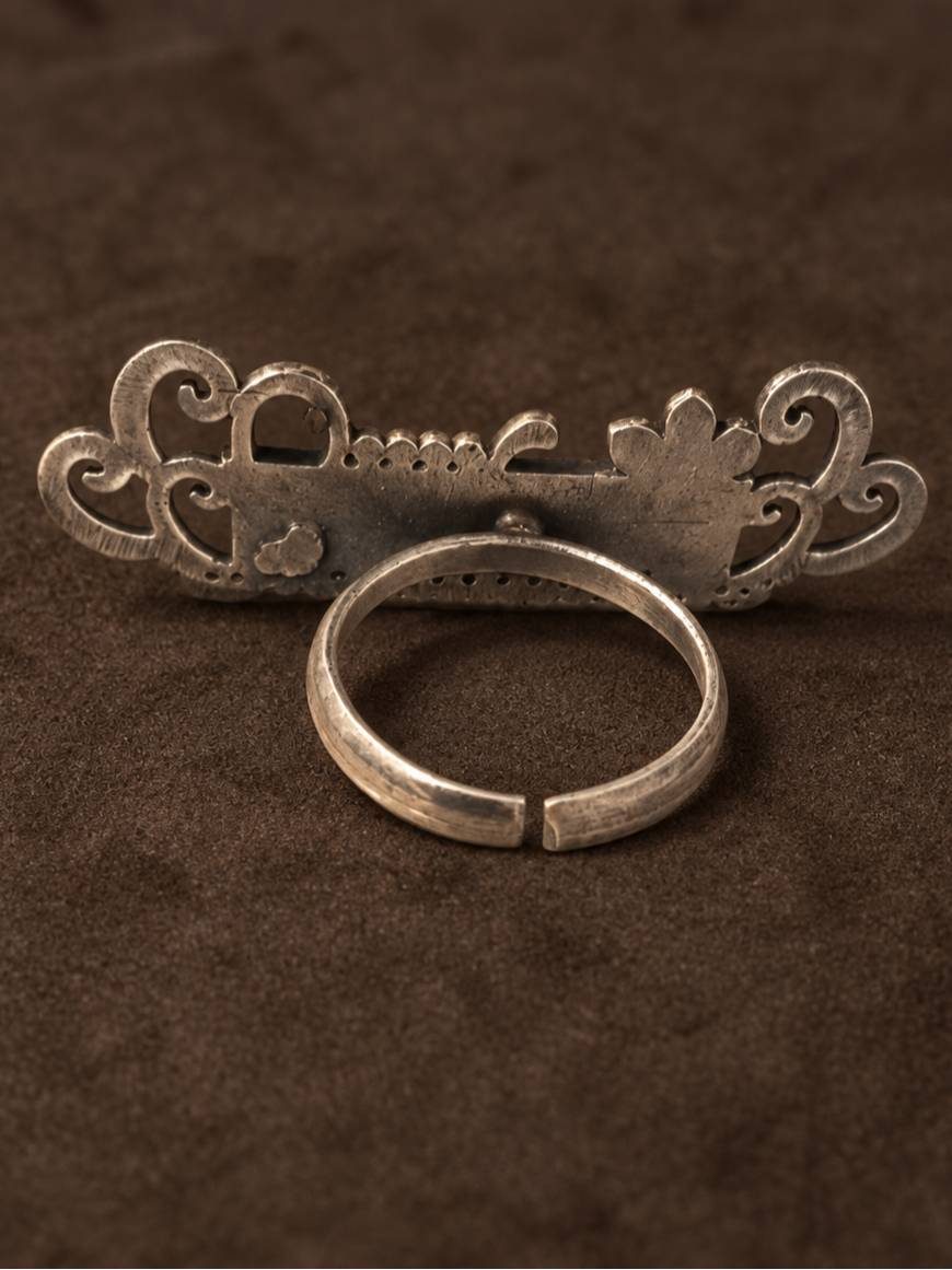 Back view of Nakhrewaali oxidised silver ring showing open adjustable band and reverse of filigree face plate