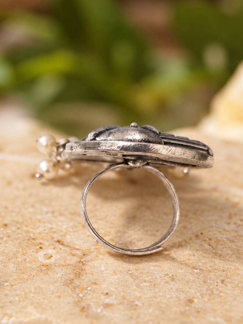 Back view of oxidised silver elephant ring showing domed reverse and adjustable open band