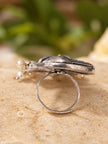 Back view of oxidised silver elephant ring showing domed reverse and adjustable open band