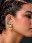 Model wearing oxidised peacock ear cuff on right ear showing full cartilage wrap and dangling pearls