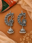 Front and reverse side of oxidised silver leaf chandbali jhumka earrings showing the push-back stud closure