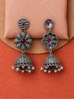 Front and back view of oxidised silver floral jhumka earrings showing push-back post and engraved jhumka bell