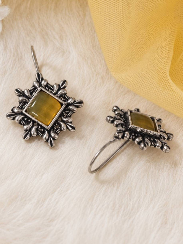 Front and back view of oxidised silver square earrings showing hook fitting and reverse texture