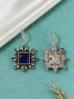 Front and back view of oxidised silver square earring showing detailed filigree and reverse stamp