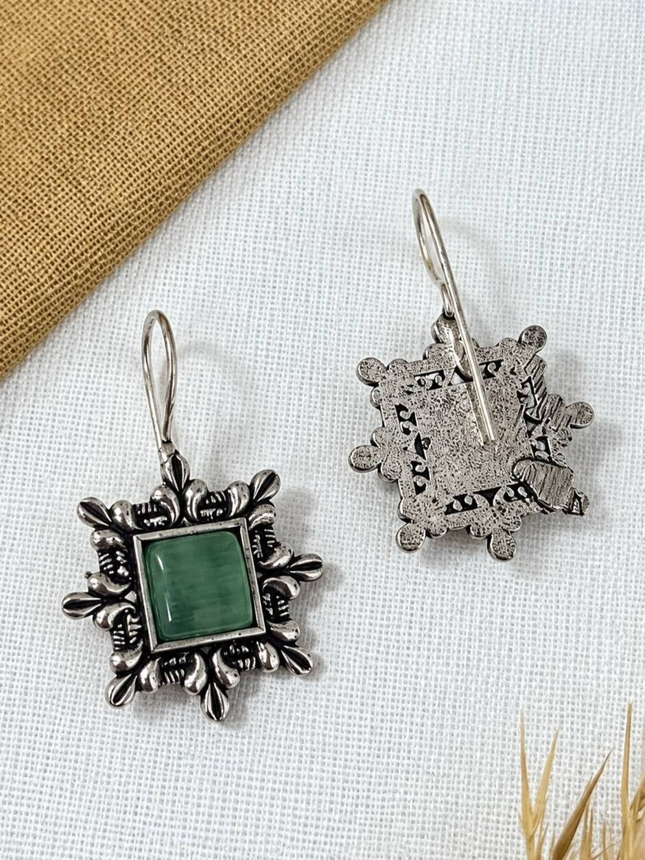 Front and back view of oxidised silver square drop earrings showing textured reverse side and hook closure
