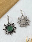 Front and back view of oxidised silver square drop earrings showing textured reverse side and hook closure