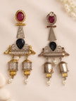 Front and back view of oxidised jhumka earrings side by side revealing engraved cylindrical danglers and plain reverse side