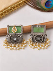Front and back view of oxidised kundan square drop earring showing stud closure and reverse detail