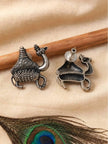 Front and back view of camel stud earrings showing oxidised silver finish and screw-back closure detail