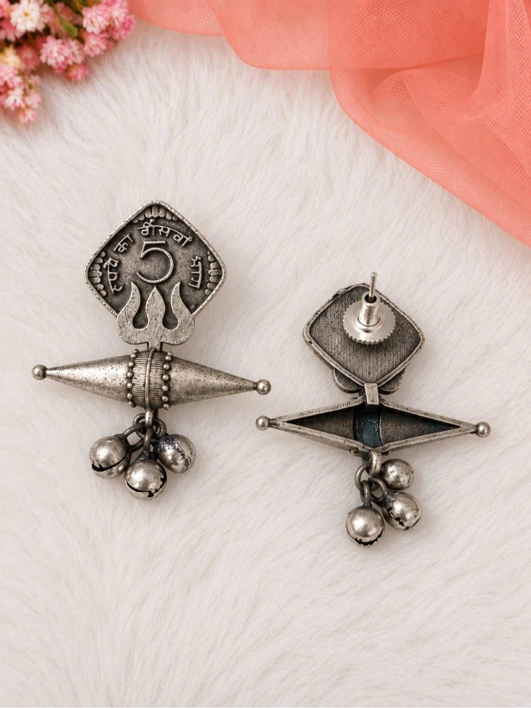 Front and back view of oxidised silver coin earrings showing push-back stud fitting and hollow double-cone bead