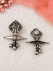 Front and back view of oxidised silver coin earrings showing push-back stud fitting and hollow double-cone bead