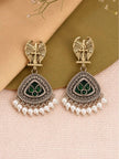 Pair of two-tone Garuda chandbali earrings laid flat on pink and olive fabric showing front detail