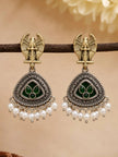 Oxidised Garuda chandbali earrings with pearl drops hanging from a wooden branch against warm background
