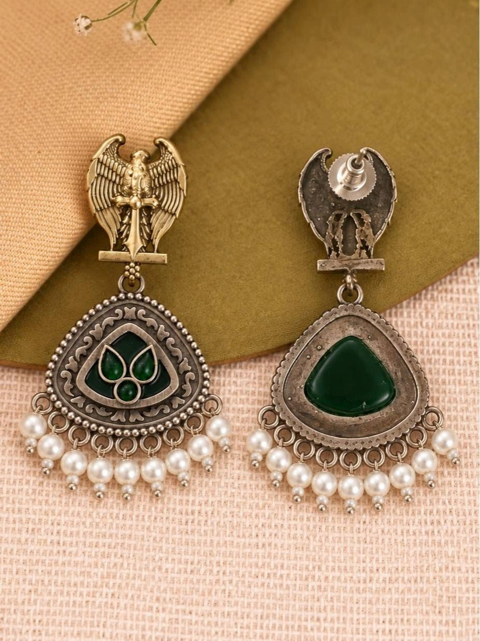 Front and back view of Garuda chandbali earrings showing push-back stud fitting and green stone reverse