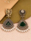 Front and back view of Garuda chandbali earrings showing push-back stud fitting and green stone reverse