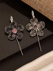 Front and back view of both oxidised floral ear cuff earrings showing the threader pin mechanism