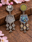 Front and back view of geometric drop earrings showing screw-back stud fitting and plain oxidised silver reverse